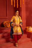 Yellow blended lace work silk kurta set with dupatta in contrast colors