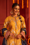 Yellow blended lace work silk kurta set with dupatta in contrast colors