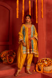 Multi colors panelled Silk blended Kurta set with lace work