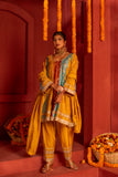 Multi colors panelled Silk blended Kurta set with lace work