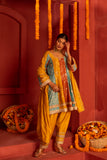 Multi colors panelled Silk blended Kurta set with lace work