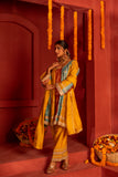 Multi colors panelled Silk blended Kurta set with lace work