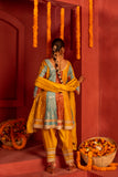 Multi colors panelled Silk blended Kurta set with lace work