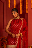 Maroon Silk blended Kurta set with lace work