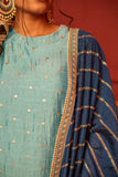 Pastel bule blended lace work silk kurta set with dupatta in contrast colors