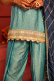 Pastel bule blended lace work silk kurta set with dupatta in contrast colors