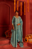 Pastel bule blended lace work silk kurta set with asymmetrical skirt