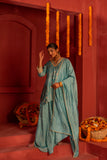 Pastel bule blended lace work silk kurta set with asymmetrical skirt