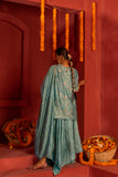 Pastel bule blended lace work silk kurta set with asymmetrical skirt