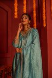 Pastel bule blended lace work silk kurta set with asymmetrical skirt