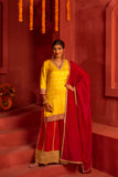 Yellow Silk blended Kurta set with Lace work