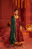 Deep Maroon blended lace work silk Anarkali kurta set with dupatta in contrast colors