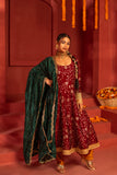 Deep Maroon blended lace work silk Anarkali kurta set with dupatta in contrast colors