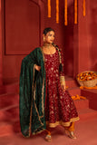 Deep Maroon blended lace work silk Anarkali kurta set with dupatta in contrast colors