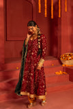 Deep Maroon blended lace work silk Anarkali kurta set with dupatta in contrast colors