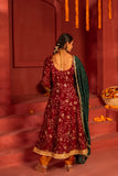 Deep Maroon blended lace work silk Anarkali kurta set with dupatta in contrast colors