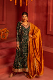 Green blended lace work silk Anarkali kurta set with dupatta in contrast colors