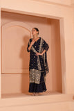 Versatile embroidered dupatta set with flared bottom and embroidered dupatta.