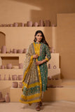 Timeless Maheshwari dupatta suit with intricate pattern and zari borders.