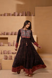 Ajrakh handblock pure cotton Flaired anarkali in rich rust and black hues with a play of patterns, embroidery and patchwork with a traditional charm.