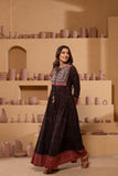 Ajrakh handblock pure cotton Flaired anarkali in rich rust and black hues with a play of patterns, embroidery and patchwork with a traditional charm.