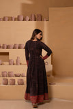 Ajrakh handblock pure cotton Flaired anarkali in rich rust and black hues with a play of patterns, embroidery and patchwork with a traditional charm.