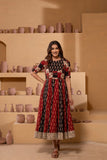 Ajrakh handblock pure cotton Flaired anarkali in rich rust and black hues with a play of patterns, embroidery and patchwork with a traditional charm.