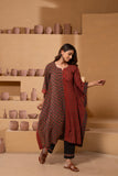 Ajrakh Handblock pure cotton kaftan set in rich hues of rust and black with a play of patterns and embroidery.