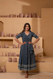 Ajrakh handblock pure cotton Flaired anarkali in rich indigo hues and embroidery with a traditional charm.