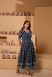 Ajrakh handblock pure cotton Flaired anarkali in rich indigo hues and embroidery with a traditional charm.