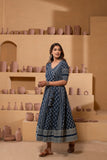 Ajrakh handblock pure cotton Flaired anarkali in rich indigo hues and embroidery with a traditional charm.