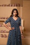 Ajrakh handblock pure cotton Flaired anarkali in rich indigo hues and embroidery with a traditional charm.