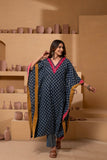 Ajrakh Handblock pure cotton Indigo hue kaftan set with a play of colors and embroidery.