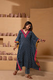 Ajrakh Handblock pure cotton Indigo hue kaftan set with a play of colors and embroidery.