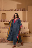 Ajrakh Handblock pure cotton Indigo hue kaftan set with a play of colors and embroidery.