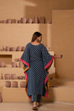 Ajrakh Handblock pure cotton Indigo hue kaftan set with a play of colors and embroidery.