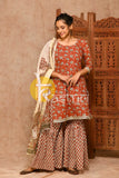 Rust handblock print kurta with sharara pant set