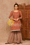 Rust handblock print kurta with sharara pant set