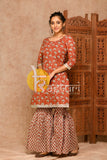 Rust handblock print kurta with sharara pant set