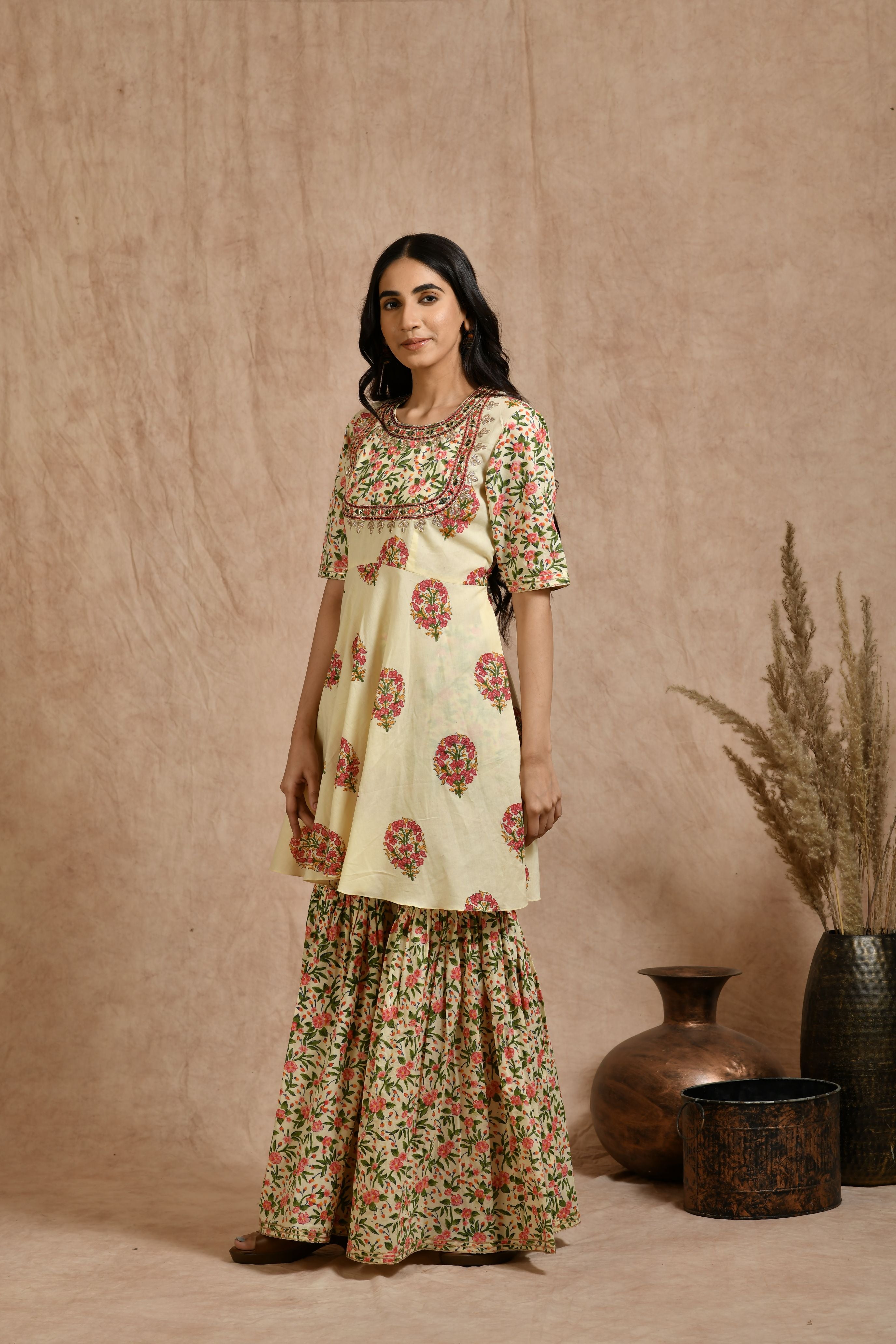 Premium cotton embroidered jaipuri print dupatta set.