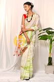 Green, red and white shibori tie dye print handloom cotton saree