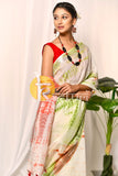 Green, red and white shibori tie dye print handloom cotton saree