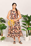 Beige blue leaves kalamkari print cotton maxi dress