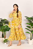 Yellow floral print georgette maxi dress