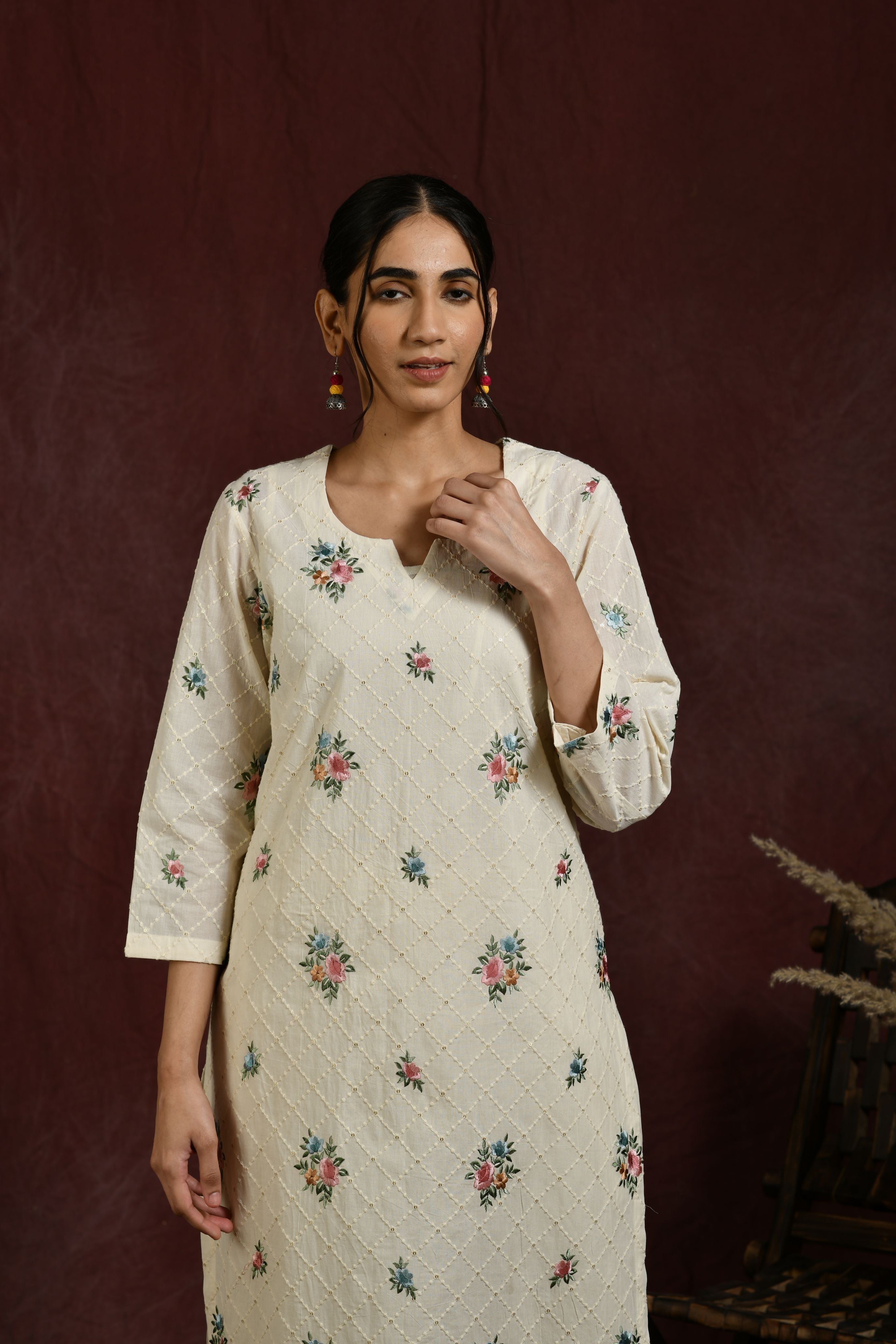 White and multicolor flower embroidered kurta and pant set