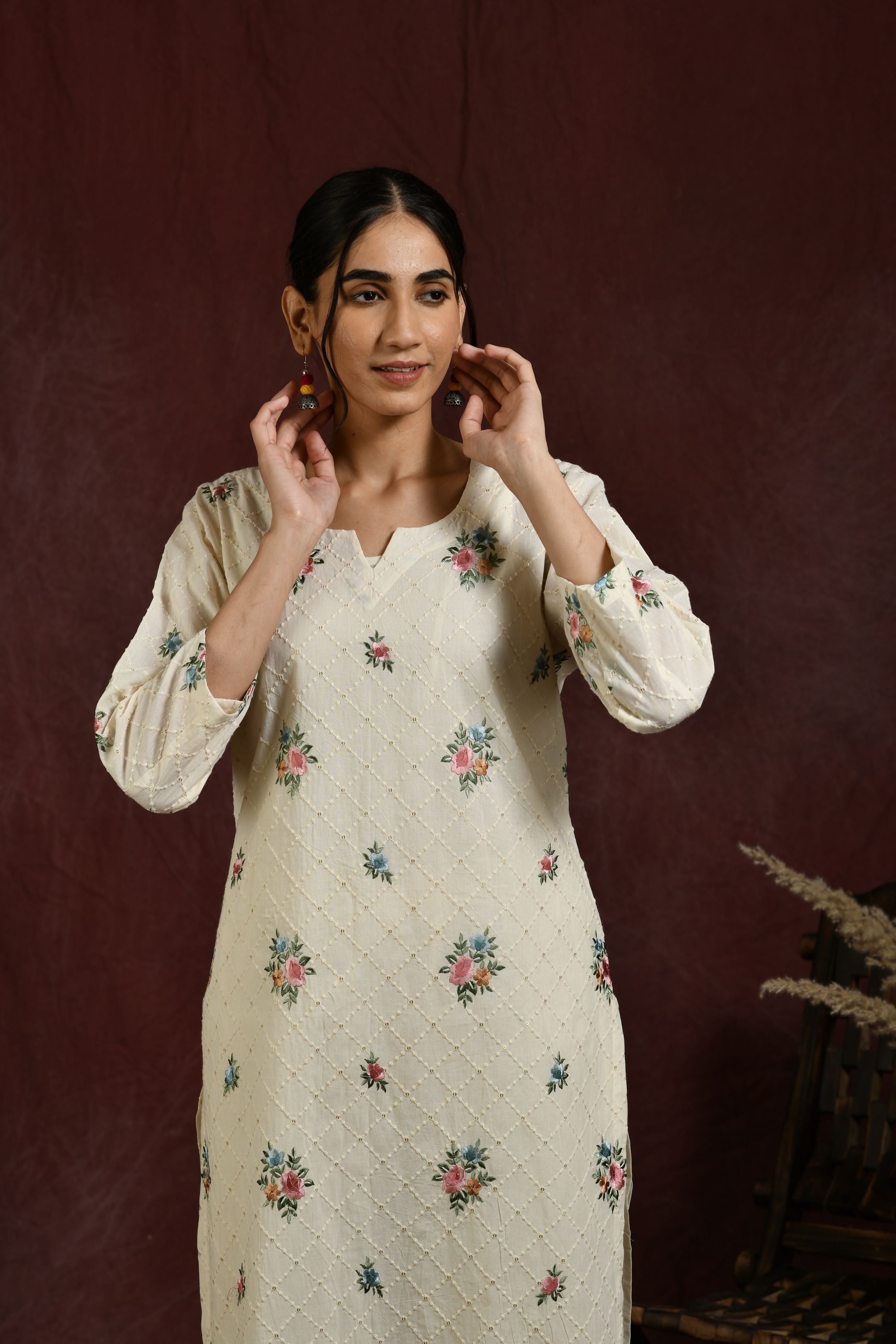 White and multicolor flower embroidered kurta and pant set