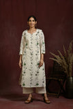 White and green flower embroidered kurta and pant set