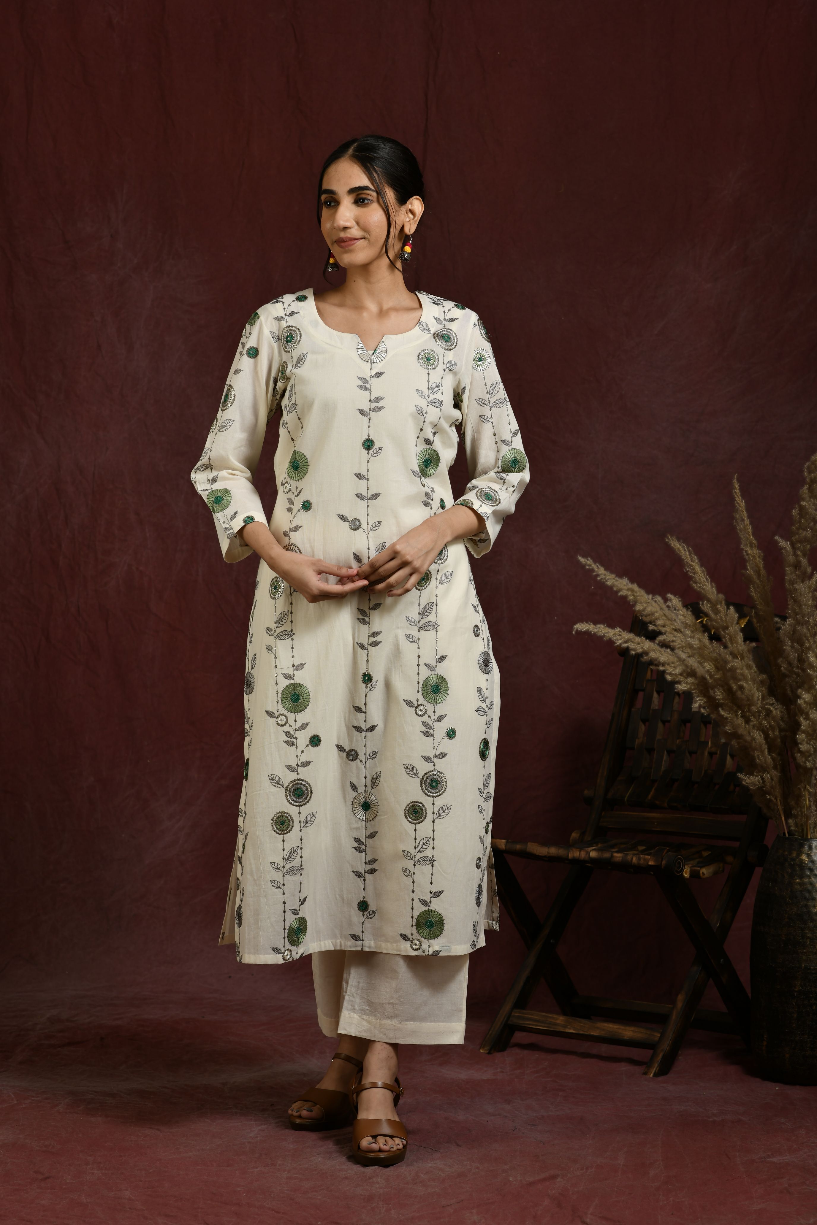 White and green flower embroidered kurta and pant set