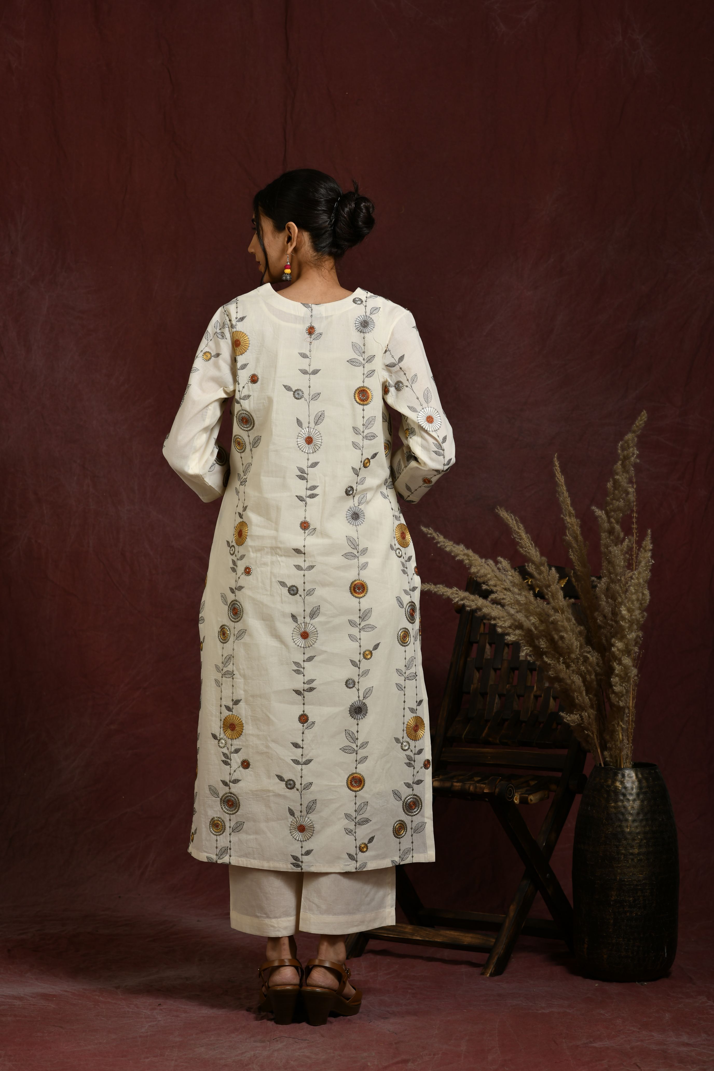 White and  mustard flower embroidered kurta and pant set
