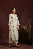 White and  mustard flower embroidered kurta and pant set
